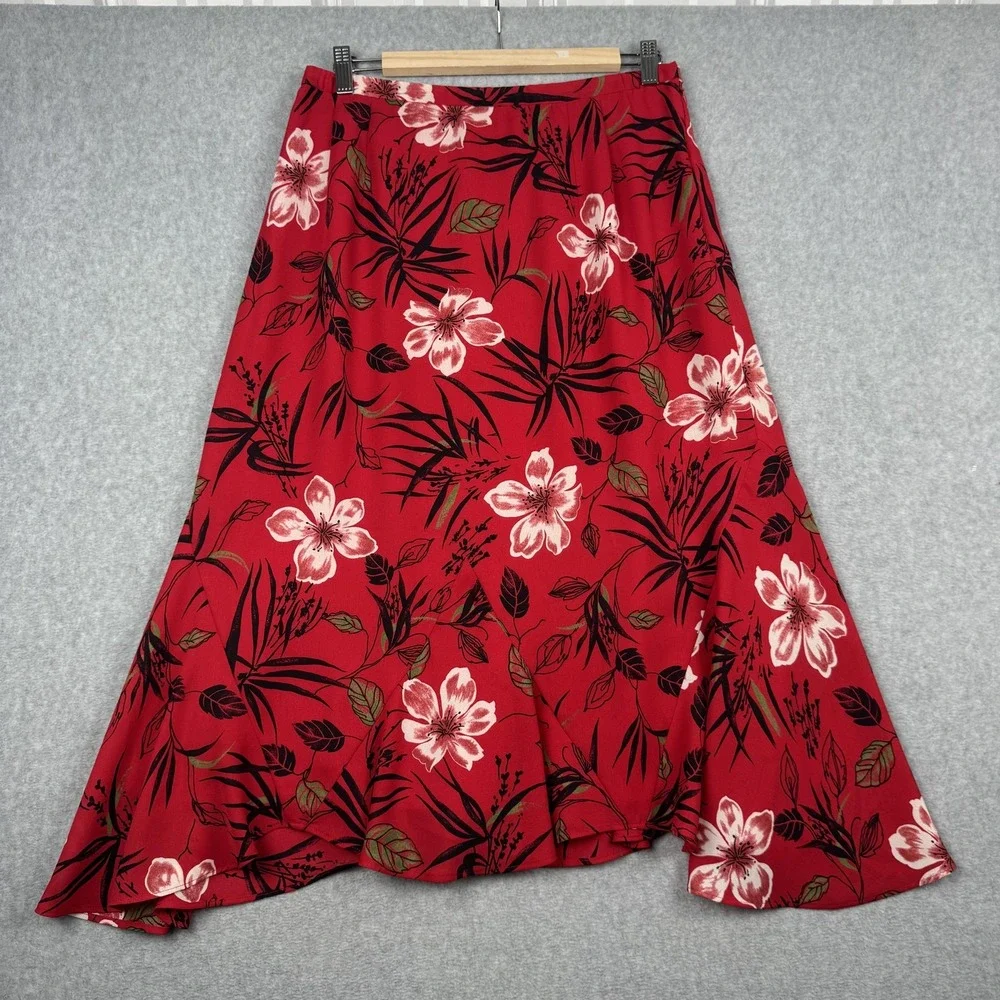Pendleton Midi Skirt Womens 16P Red Floral Tropical High Low Ruffle Hem Tropical